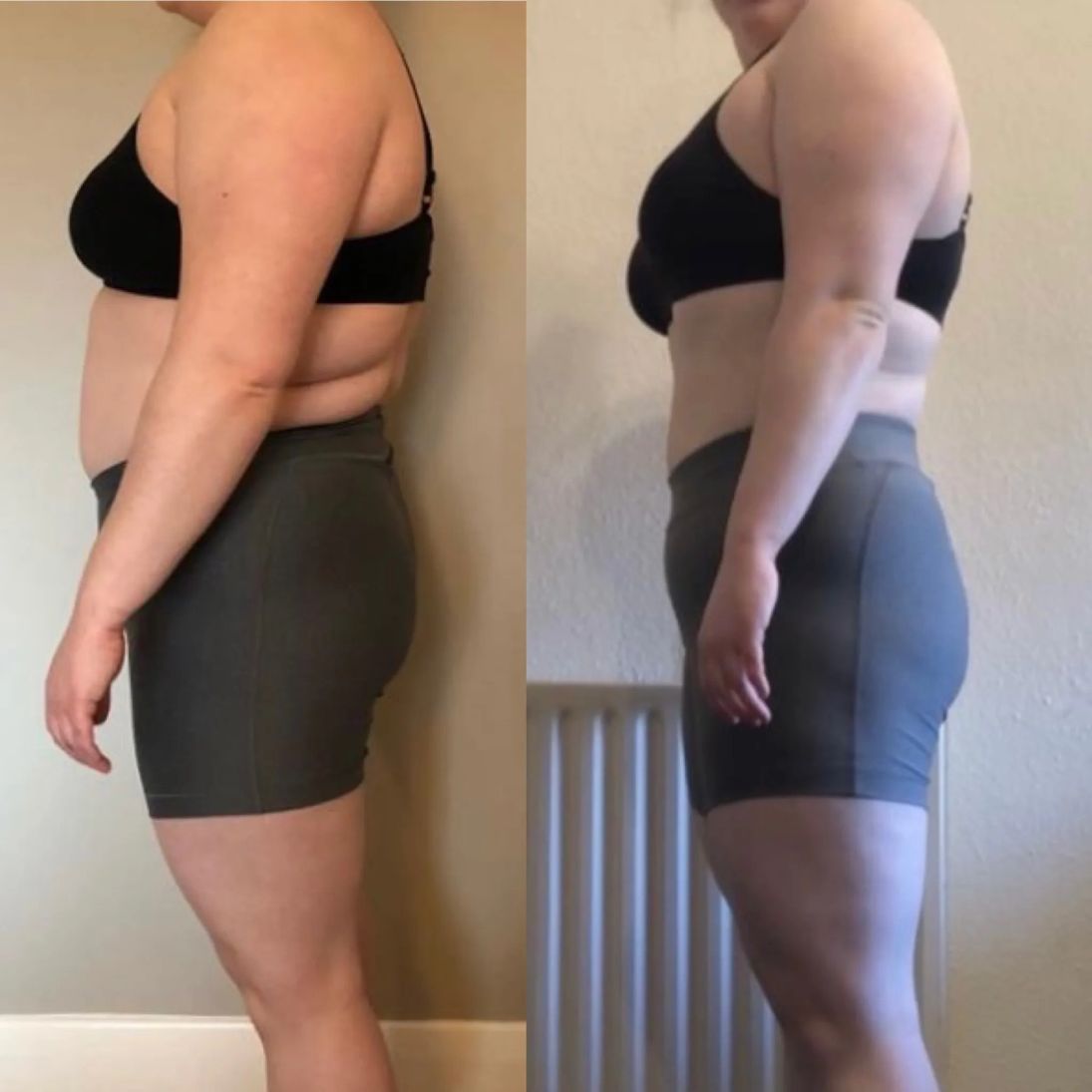 Female side body transformation showing fat loss after Andres Fitness online coaching
