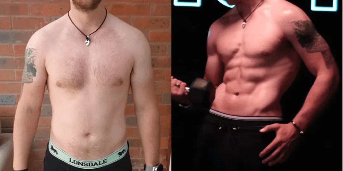 Male body recomposition transformation showing visible abs after Andres Fitness coaching