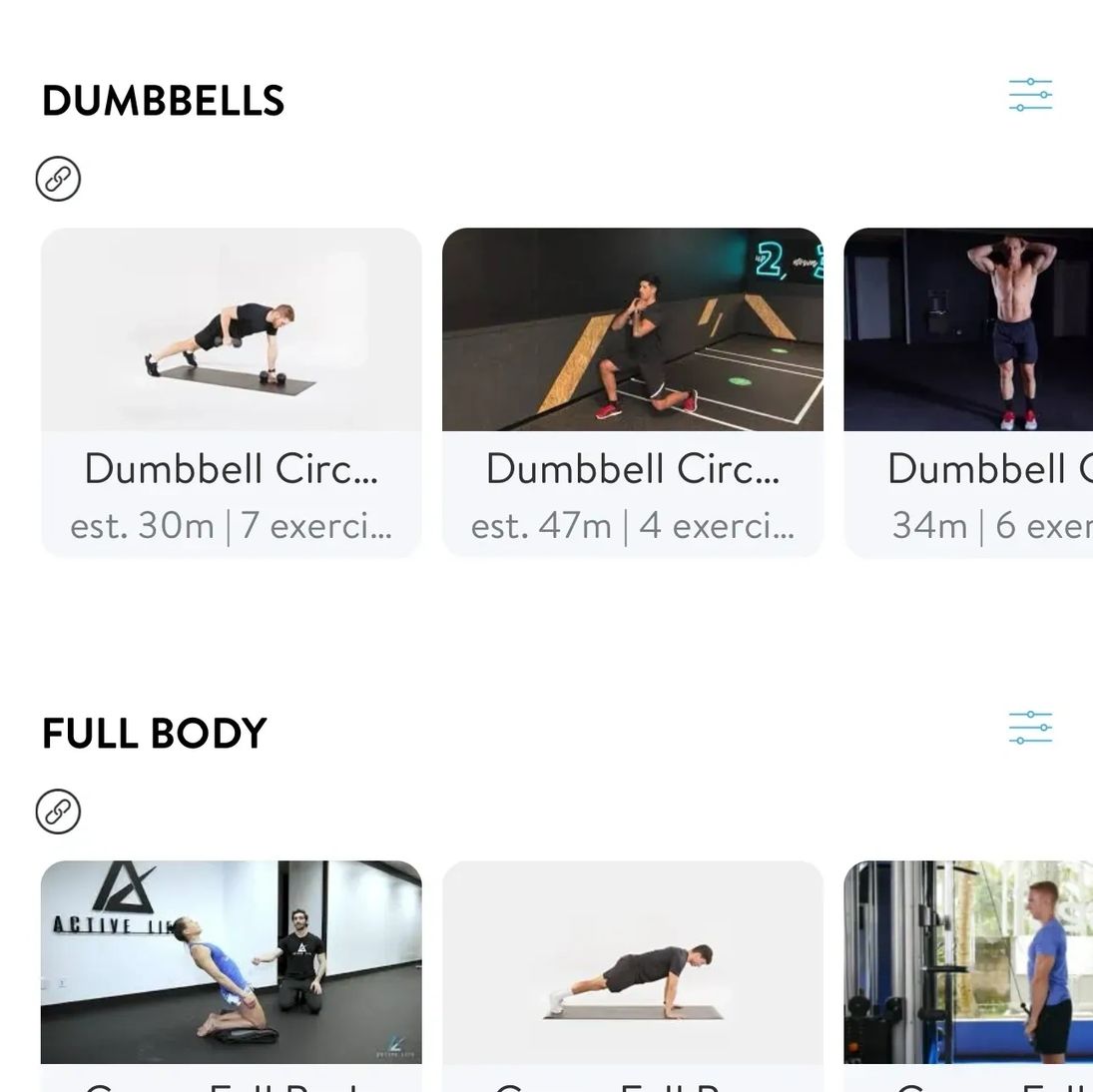 Andres Fitness Trainerize app showing bodyweight, dumbbell and full body workout library