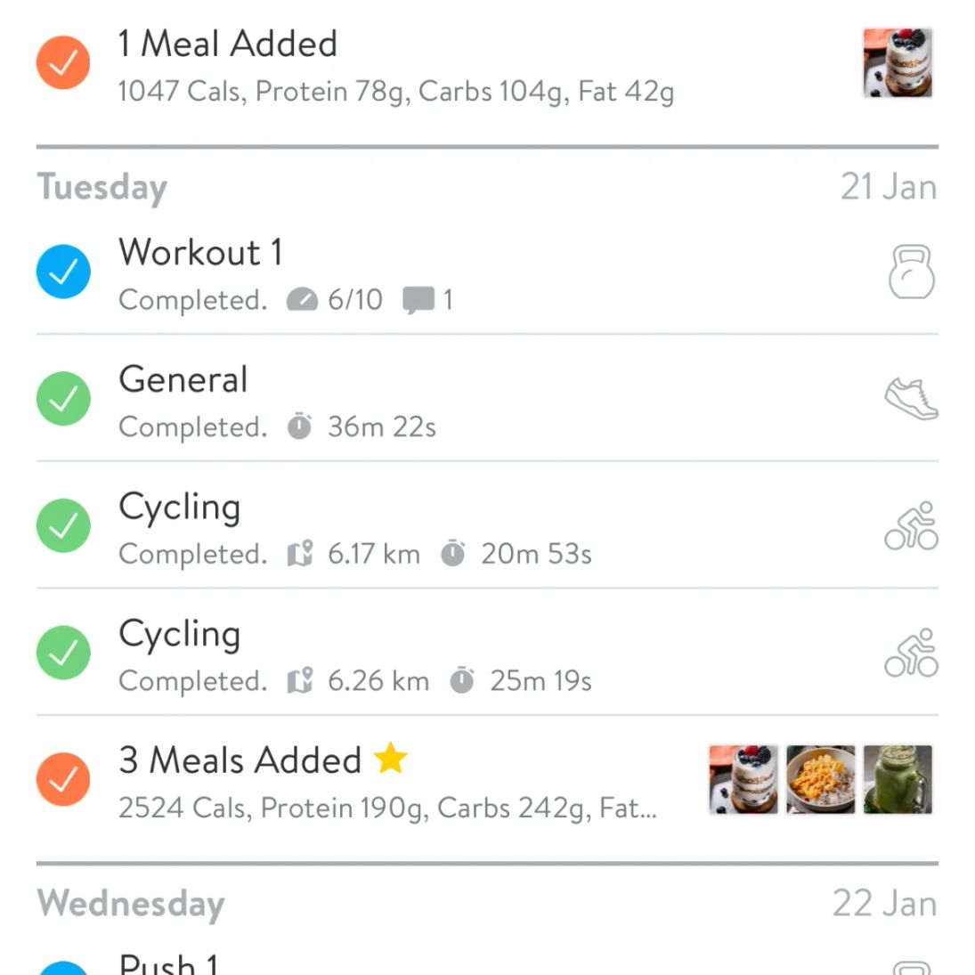 Andres Fitness Trainerize dashboard showing completed workouts, cycling and meals