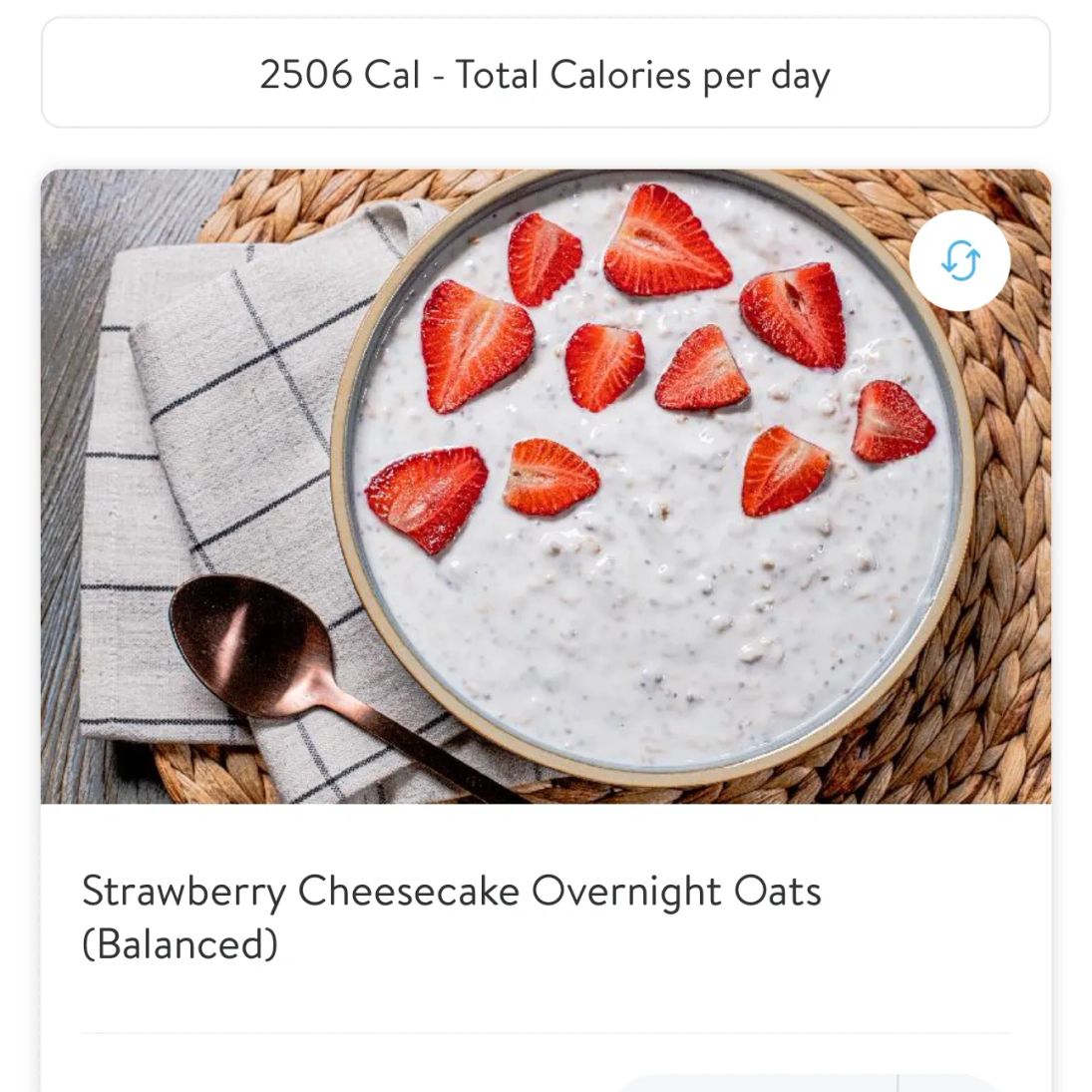 Trainerize meal plan showing strawberry cheesecake overnight oats breakfast recipe
