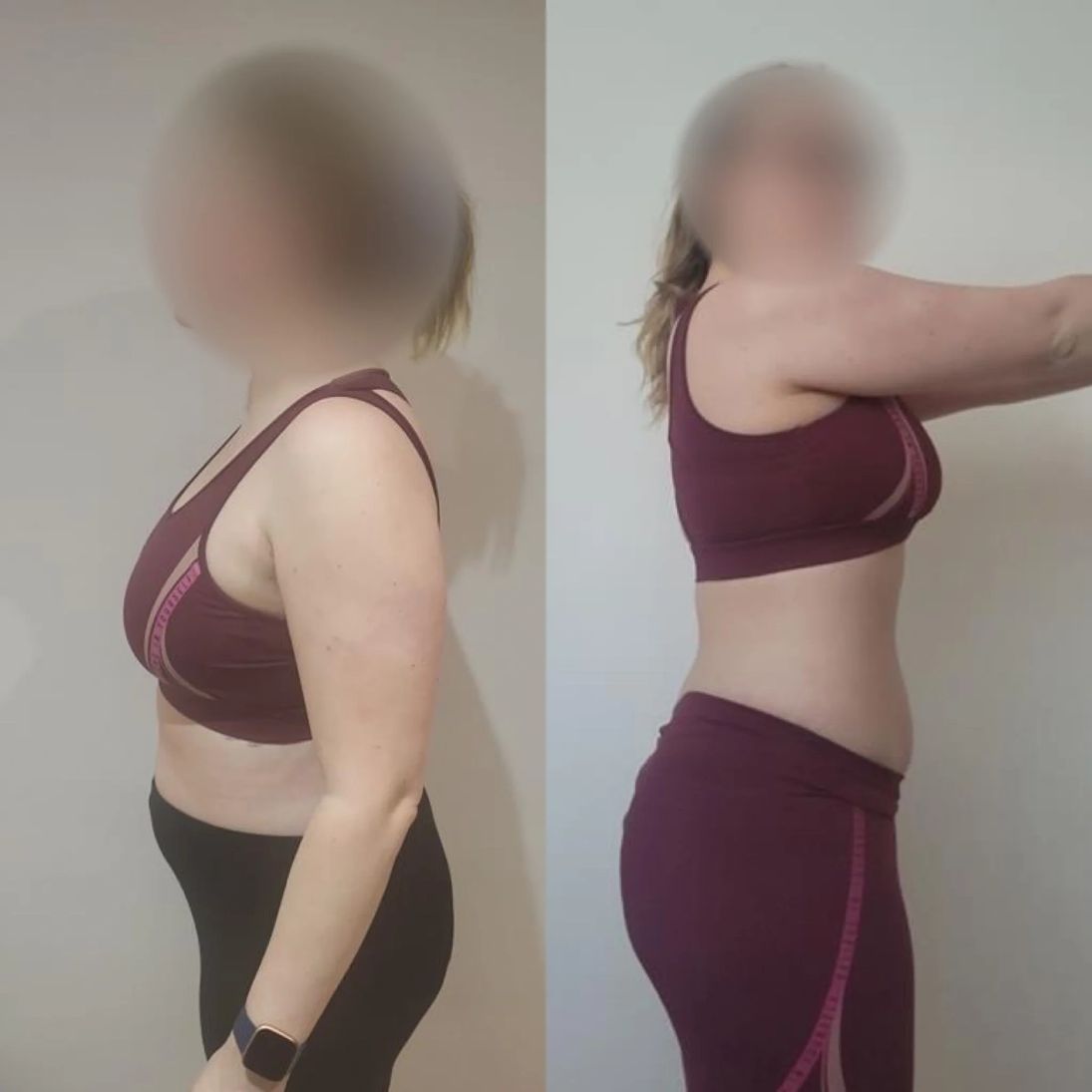 Female side profile body transformation after Andres Fitness online coaching